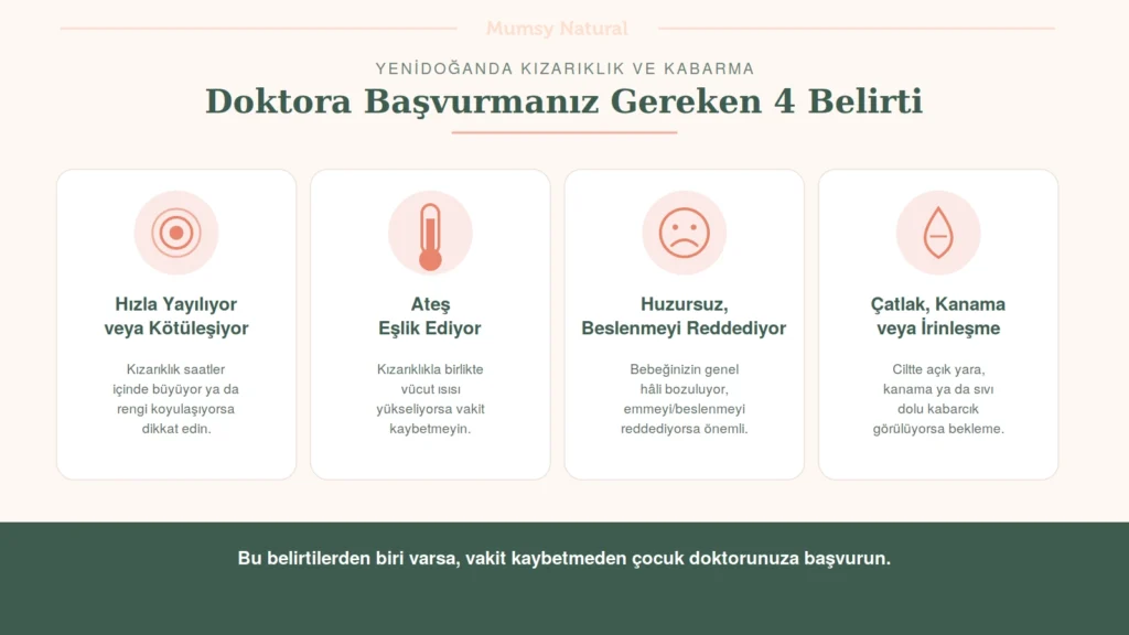 Bebek cildinde kızarıklıkta doktora başvurulması gereken belirtiler infografiği